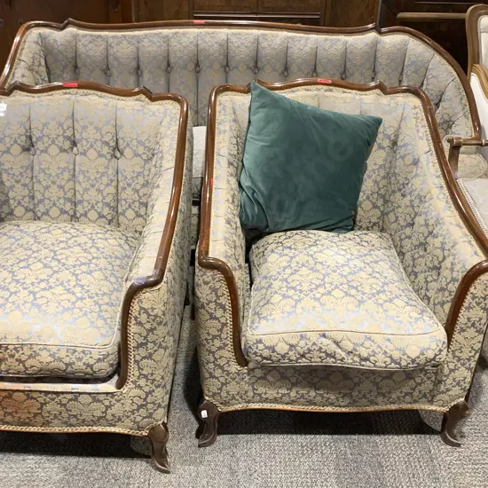 Early-Mid Century Quality Mahogany Framed Three Seater Couch & Two Chairs with Stool