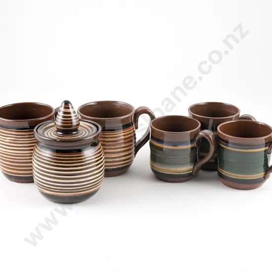 Elizabeth Lissaman Five Various Mugs & Honey Pot