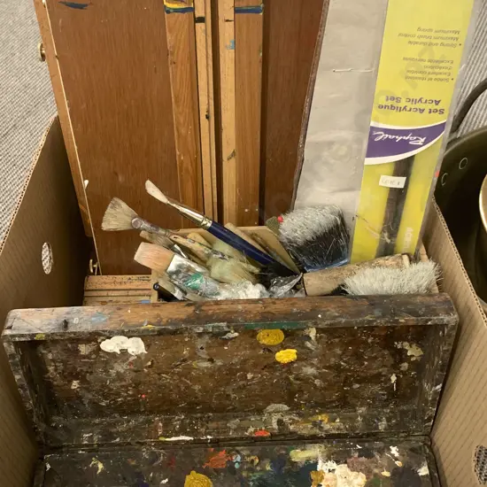 Box of Assorted Art Supplies including Easel