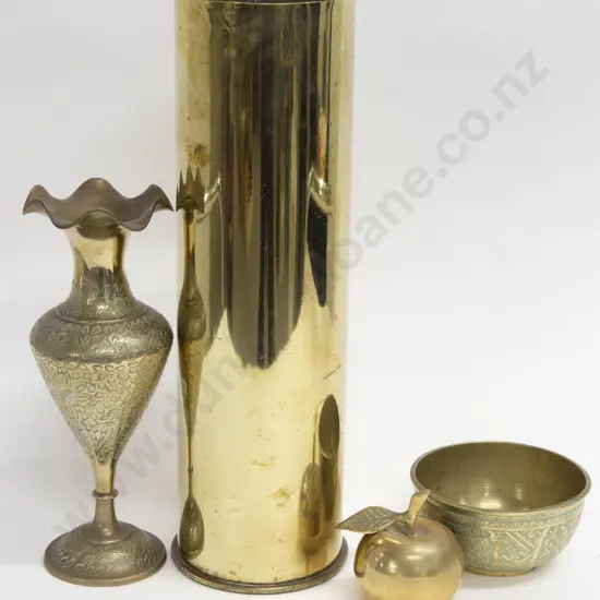 Four Pieces of Decorative Brass Ware including Shell Casing and Apple Form Bell