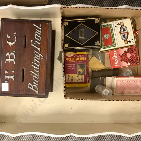 TBC Building Fund Vintage Money Box With Mixed Coinage Together With Mixed Playing Cards etc. on White Painted Tray