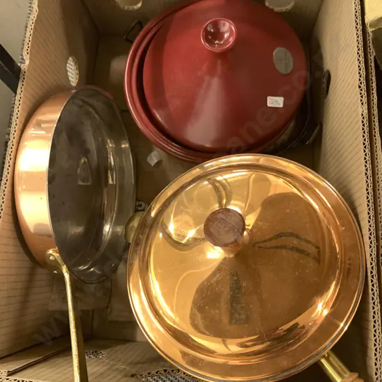 Box of Assorted Kitchenware incl. Copper Skillets etc.