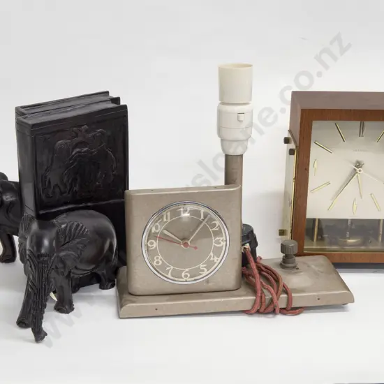 Vintage Clock Lamp Together With Other Clock and Pair of Ebonized Elephant Form Bookends
