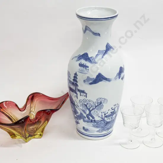 Blue and White Vase Together With Art Glass Vase and Four Etched Crystal Glasses