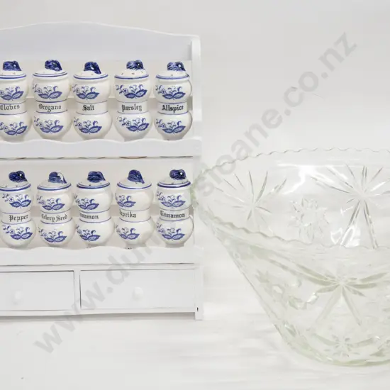 Cut Glass Punch Bowl Together With Spice Rack with Ceramic Spice Jars