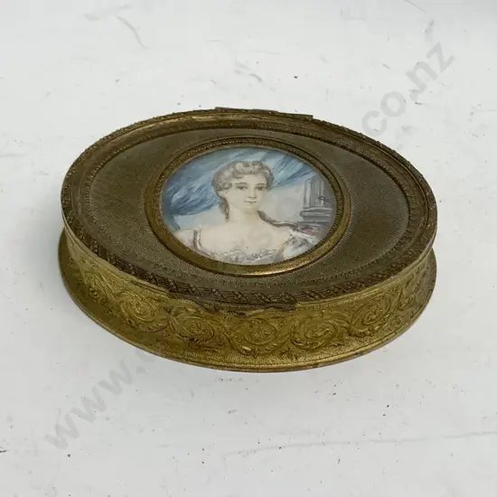 French Gilt Trinket Box Decorated with Portrait Miniature to Lid