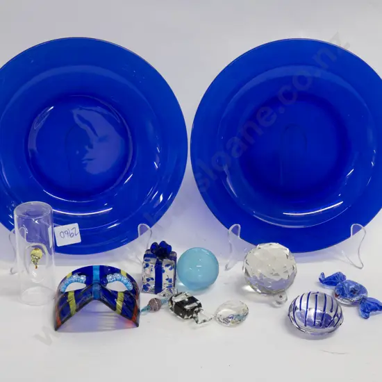 Quantity of Assorted Art Glass Ornaments on Two Blue Glass Plates