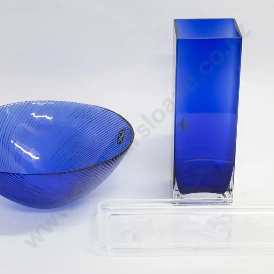 Blue Glass Vase Together With Spanish Art Glass Fruit Bowl