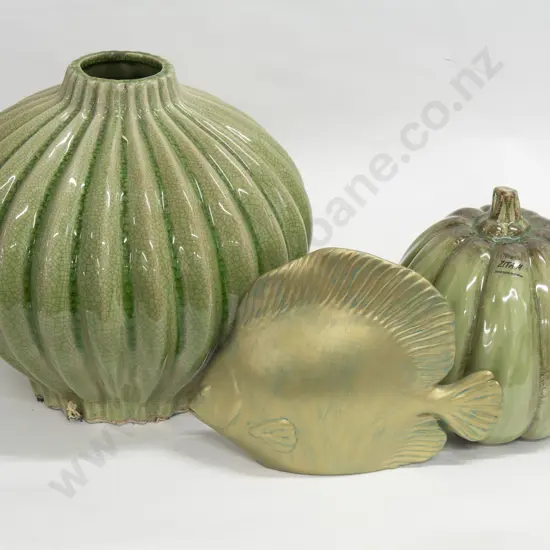 Green Glazed Vase together with Two Decorative Items