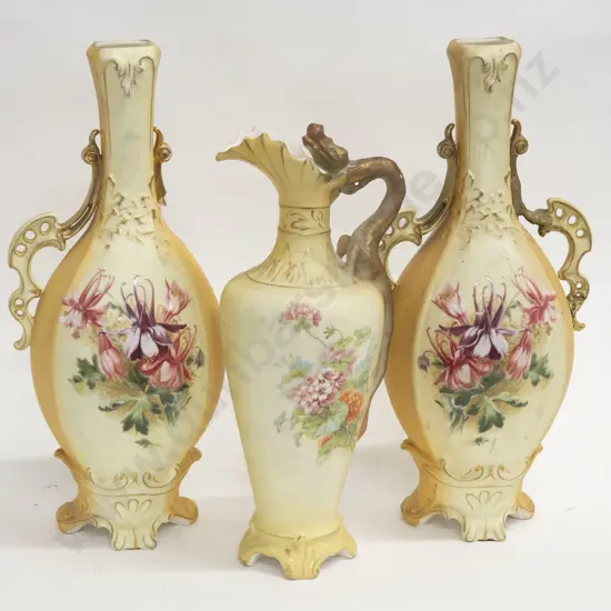 Pair of Floral Decorated Vases Together With Ewer (AF)