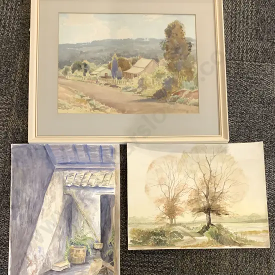 H. R. Gallop Watercolor Together With Two Other Unframed Watercolors