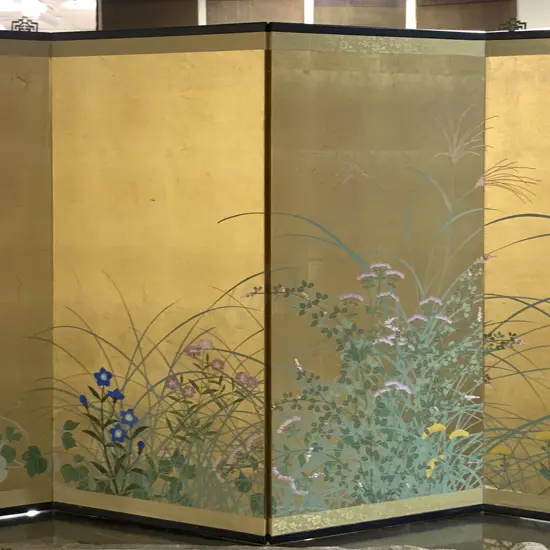 Painted and Gilded Four Panel Screen