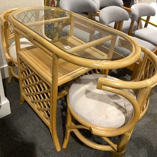 Cane Conservatory Table with Two Chairs