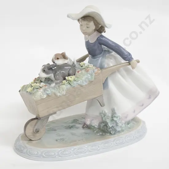 Lladro Figure Group of Girl with Wheelbarrow and Puppies (minor chips to flower petals)