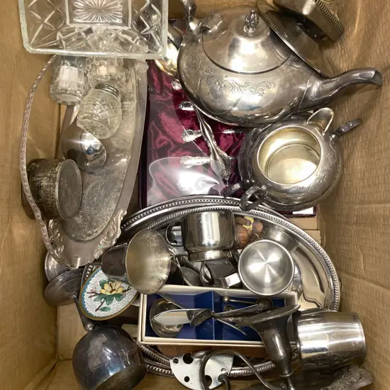 Box of Assorted Silver Plate Including Three Piece Coffee Set