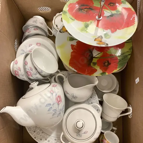 Box of Assorted Tea China Including Two Tier Cake Plate