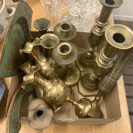 Small Box of Assorted Brass Candle Sticks and Vases Together with Crumb Tray etc