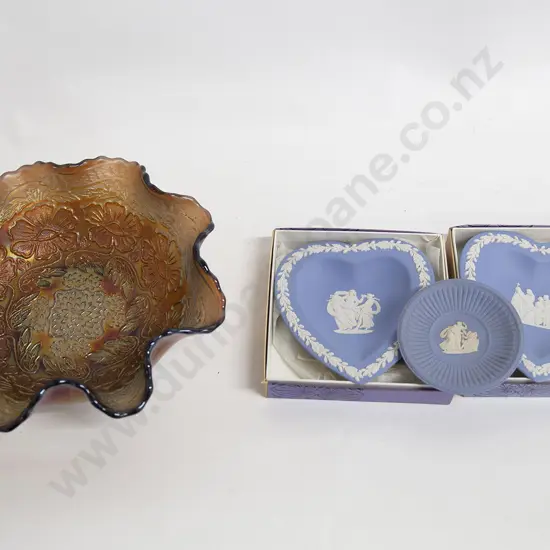 Carnival Glass Bowl and Three Wedgwood Dishes