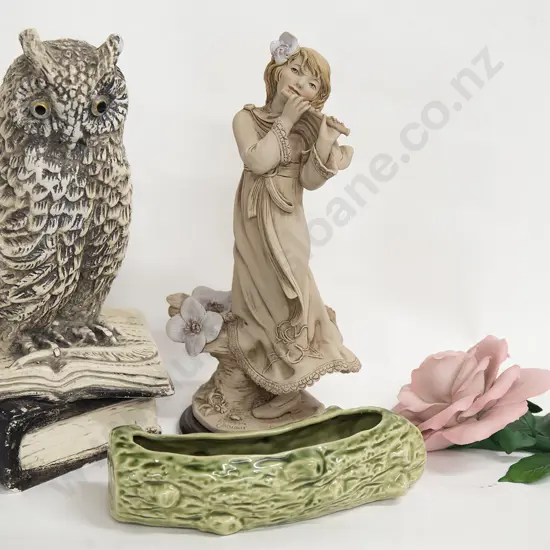 Capodemonte Figurine and Rose Owl Ornament and Trough