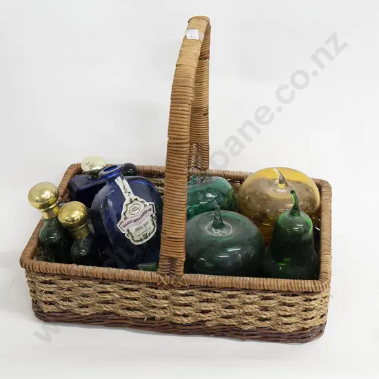 Basket with Glass Fruit and Perfume Bottles