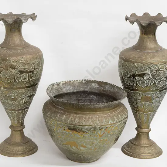Pair Indian Brass Vases and Planter