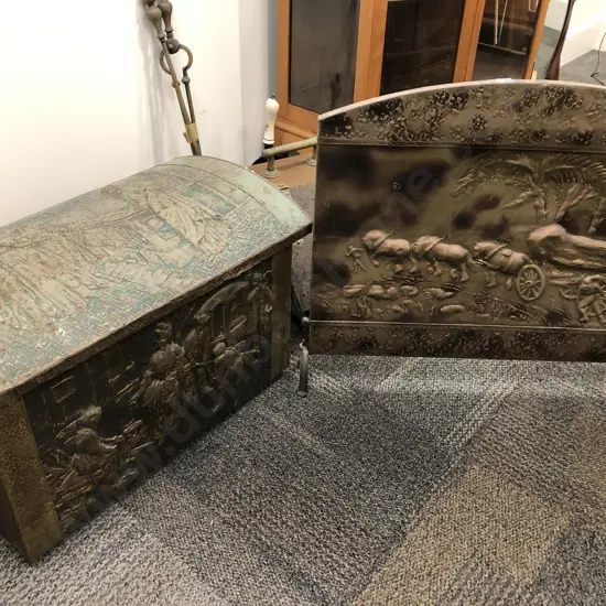 Embossed Brass Coal Box and Fire Screen