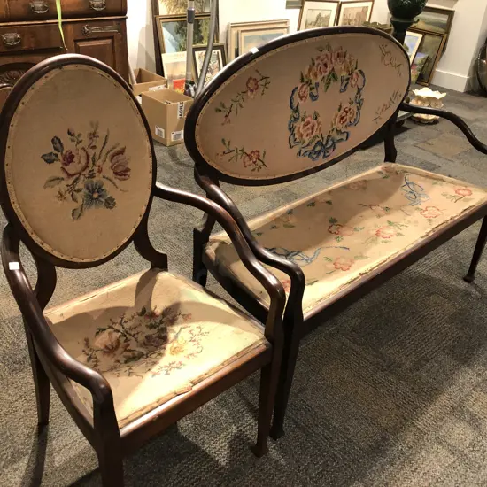 Edwardian Tapestry Upholstered Settee and Armchair