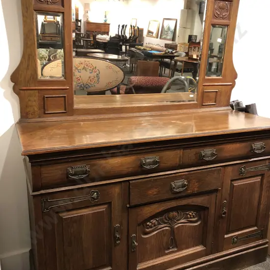 Art Nouveau Oak Mirror Back Sideboard