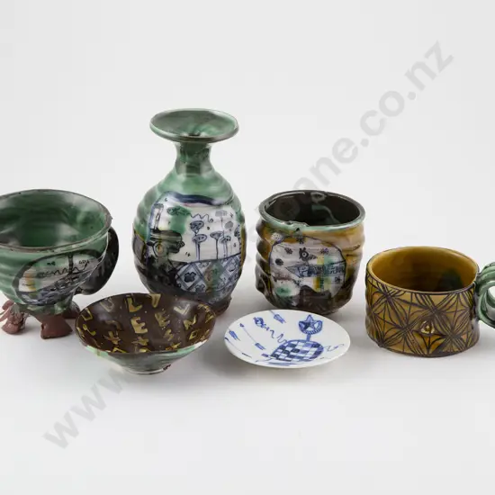 Aaron Scythe Six Various Hand-painted Ceramic Pieces