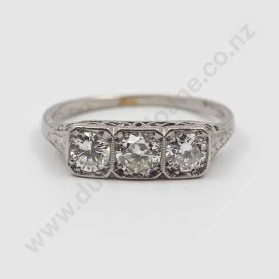 All Platinum Art Deco Three Stone Diamond Bridge Ring