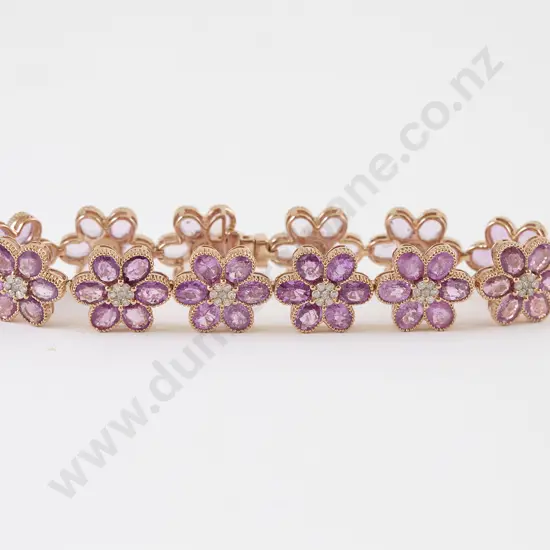 14ct Rose Gold Pink Sapphire and Diamond Fancy Floret Design Bracelet