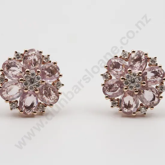 14ct Rose Gold Pink Sapphire and Diamond Floret Cluster Stud Earrings