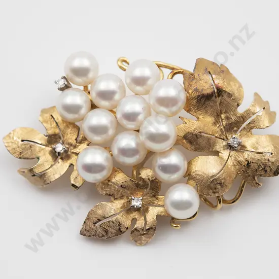 18ct Cultured Pearl and Diamond Leaf Spray Brooch