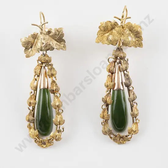 Victorian Gold Greenstone Pendant Drop Earrings