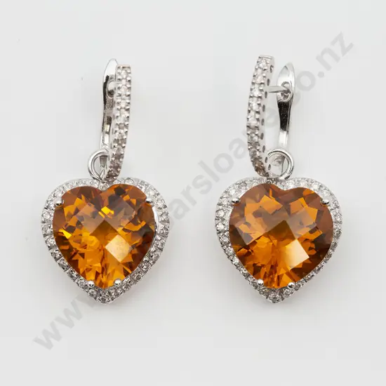 Pair 18ct White Gold Citrine and Diamond Pendant Earrings