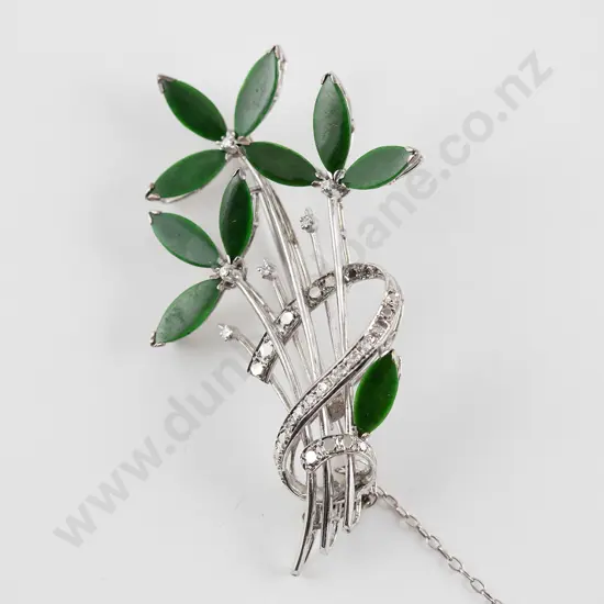 14ct White Gold Jade and Diamond Floral Spray Brooch
