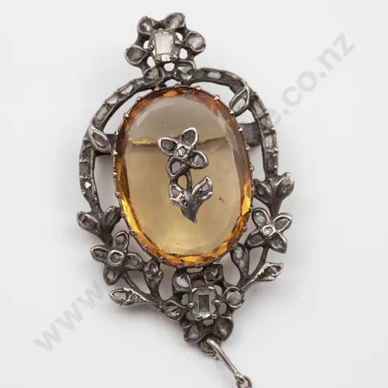 Late C19th European SIlver Citrine and Diamond Brooch