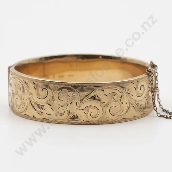 9ct Wide Half Engraved Hinged Snap Bangle