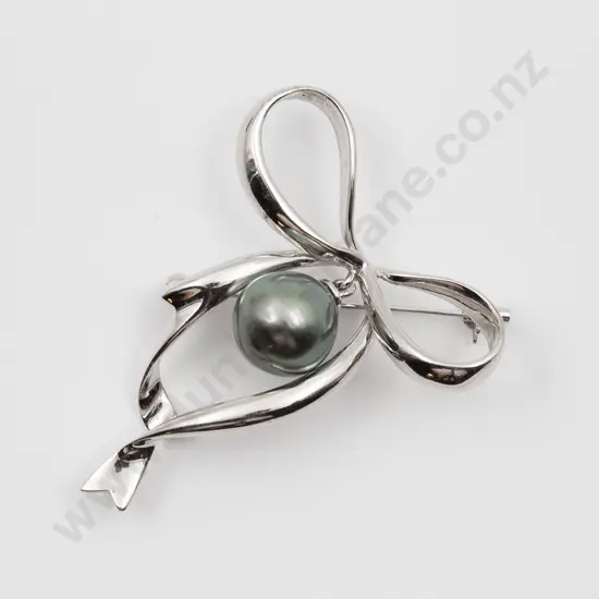 S/S Single Black Pearl Ribbon Bow Brooch