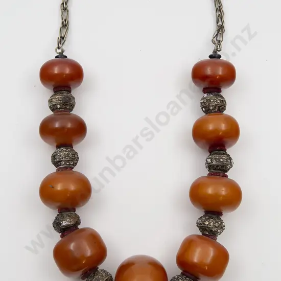 Antique North African Copal Amber and Metal Bead Necklace