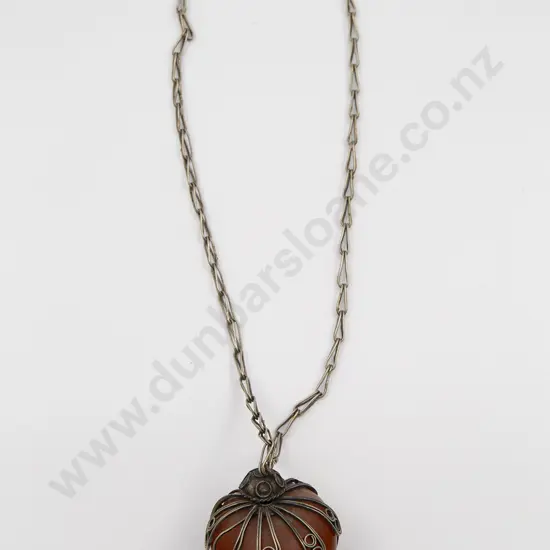 Antique North African Single Copal Amber and Metal Necklace