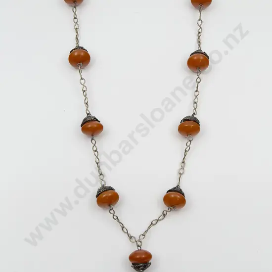 Antique North African Copal Amber Bead and Metal Necklace