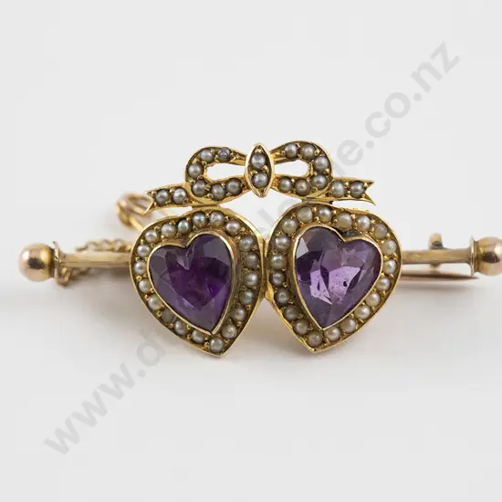 Late Victorian 9ct 'SweetHeart' Amethyst and Pearl Bar Brooch