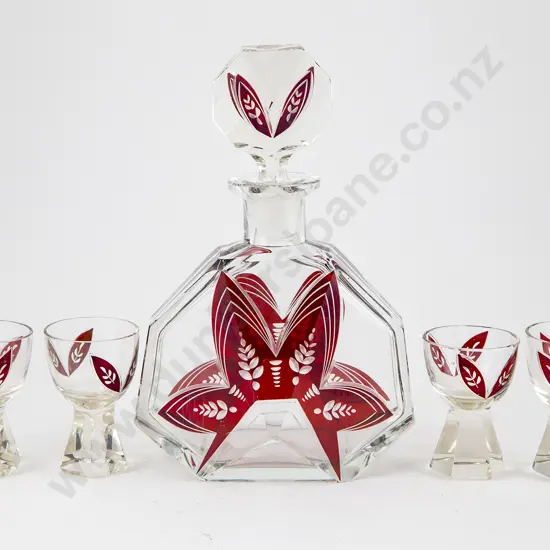 Art Deco Bohemian Glass Decanter and Four Goblets