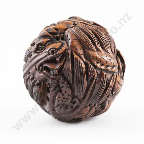 Japanese Carved Spherical Hardwood Netsuke
