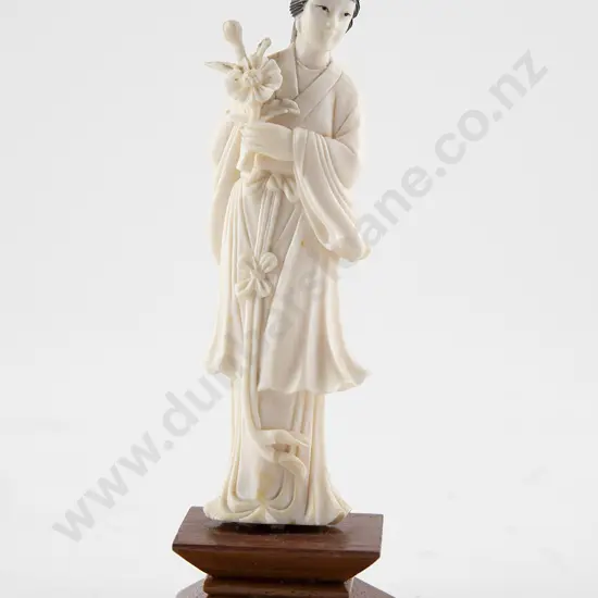 Small Japanese Carved Ivory Figure Lady With Flowers