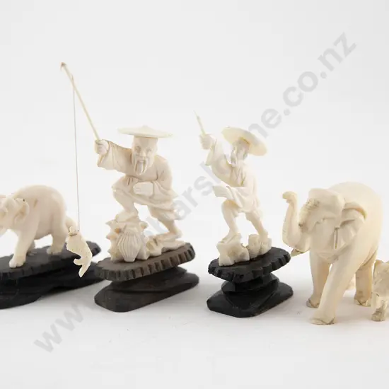 Three Small Carved Ivory Elephants & Two Fishermen