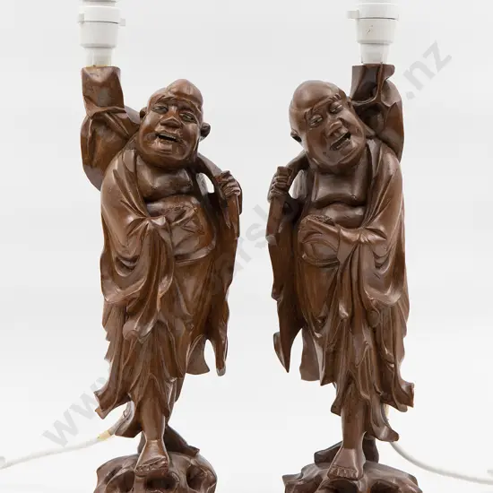 Pair Vintage Chinese Hardwood Immortal Figural Lamps