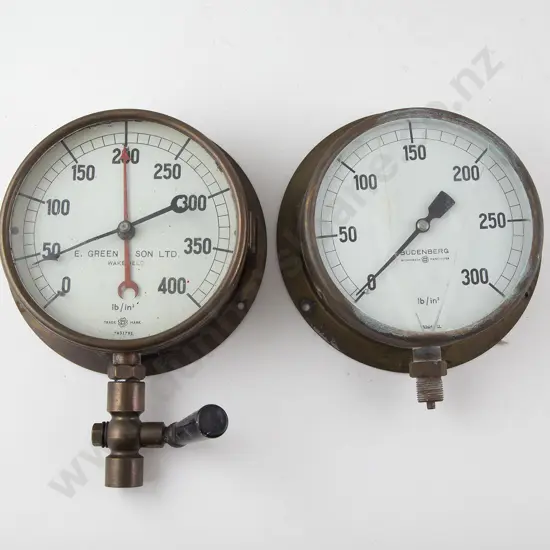 Two Vintage brass Cased Circular Pressure Gauges