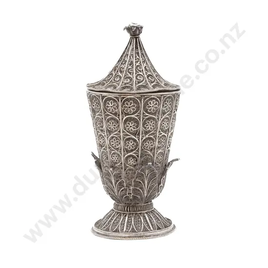 Ornate Late C19th Indian Silver Filigree Wine Cup & Cover